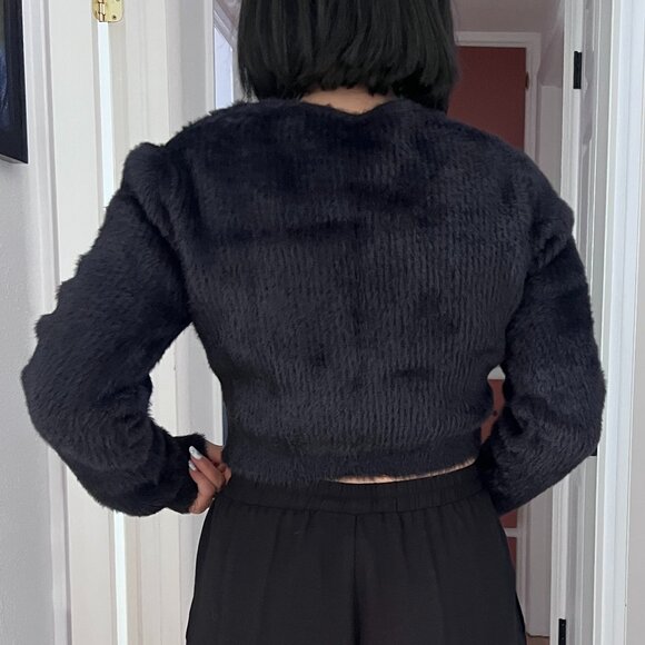 Oval Square Anthropologie Fuzzy Black Cropped Sweater Medium faux wrap v neck - Picture 9 of 12